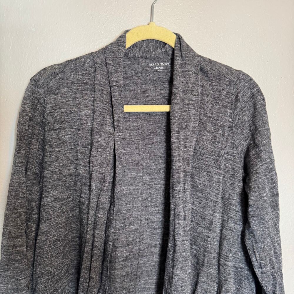 100% Linen Eileen Fisher Gray Long Cardigan Sweater - Picture 2 of 6